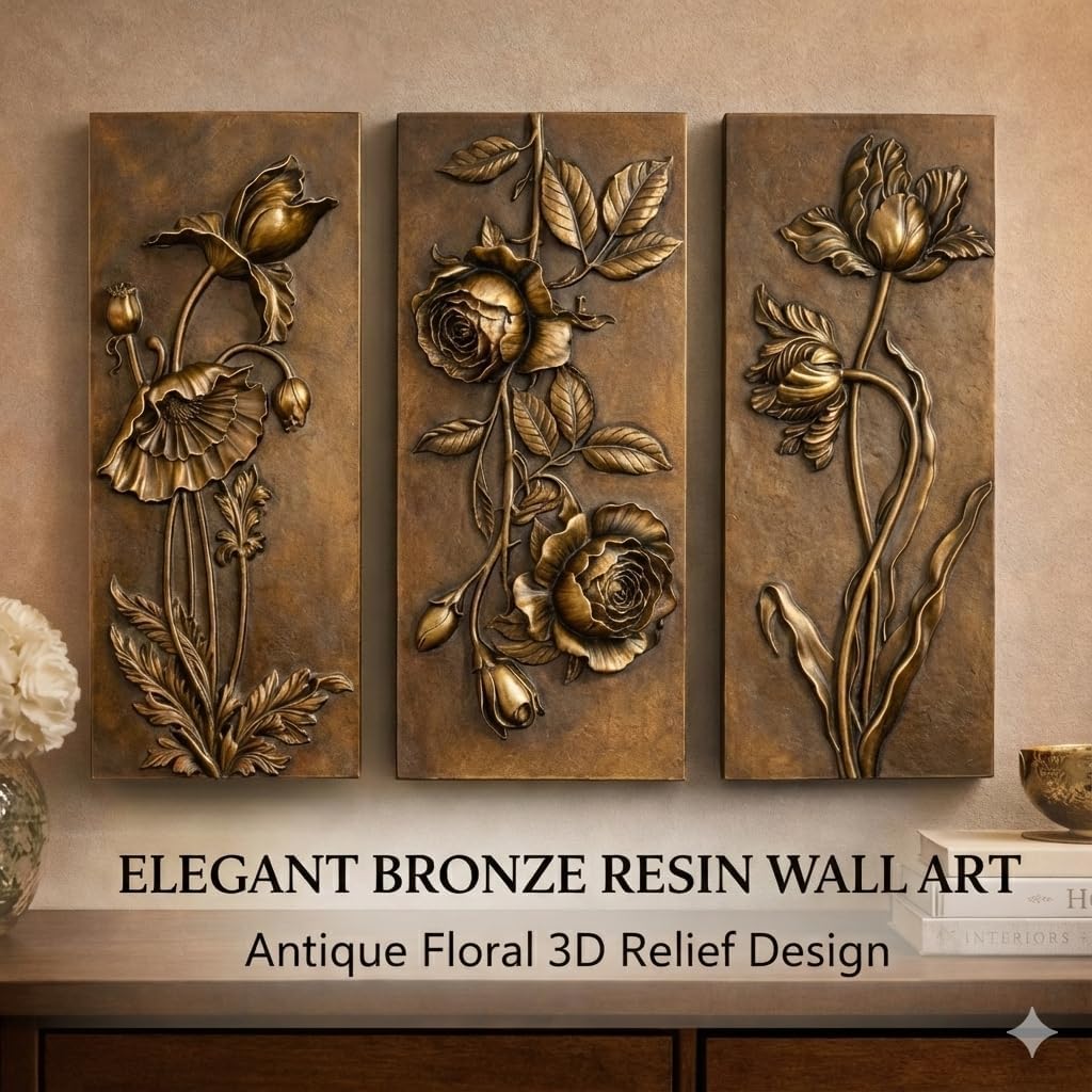 EvruCexul Vintage Floral Wall Sculpture, Antique Bronze Resin Wall Art with Ornate Botanical Design, Decorative Wall Plaque for Elegant Home Décor (Tulip+Rose+Flower3)