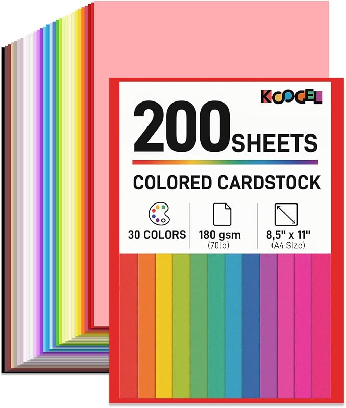 Koogel 200Sheets Colored Cardstock, 8.5 x 11 Inches, 180GSM/65LB | 30 Colors Scrapbook Paper for DIY Crafts Card Making, Back to School Supplies