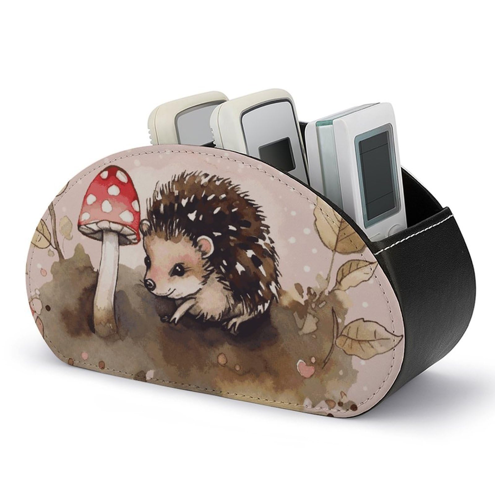 JTREHY Hedgehog Watercolor Painting Remote Control Holder with 5 Compartments Pu Leather Remote Caddy Box Multi-functional Deskt Holders Organizer Box Tray Bedside Table Storage Organizer