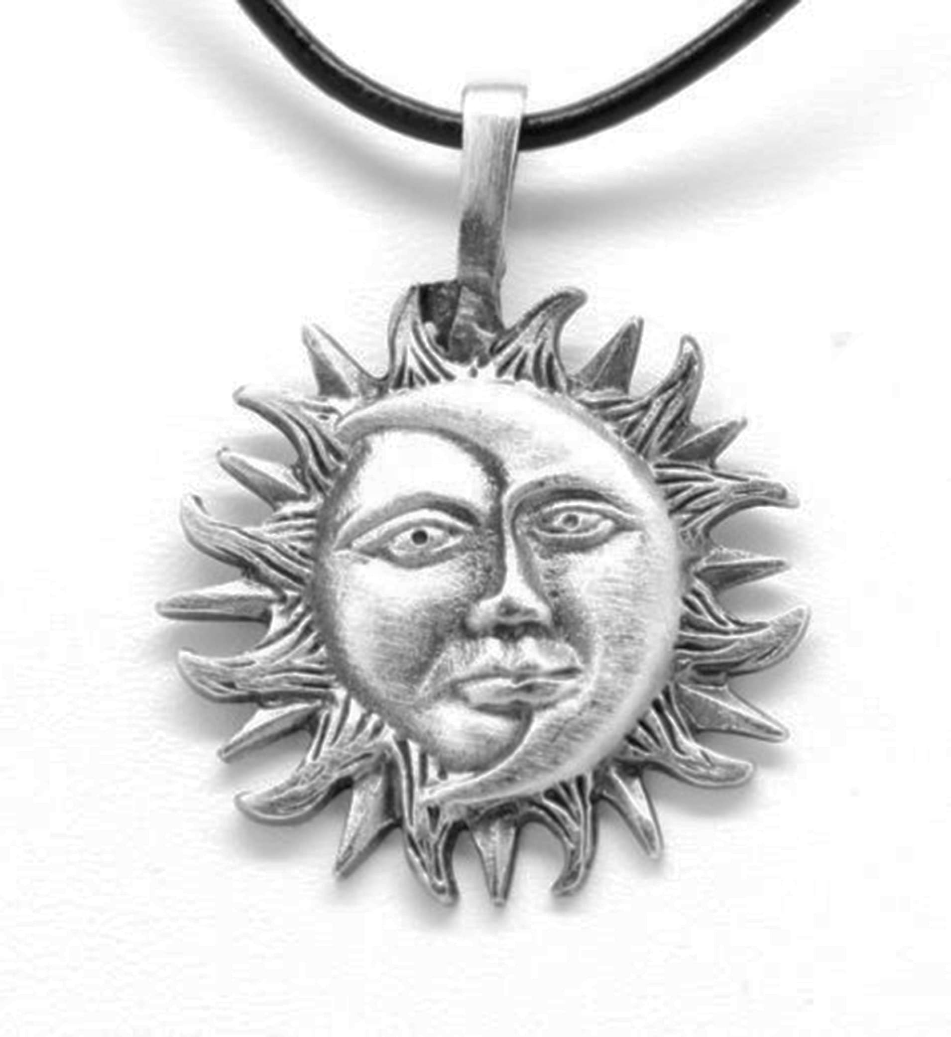 Trilogy JewelryPewter Sun Moon Face Celestial Lunar Solar Pendant, Black Necklace Cord with Clasp
