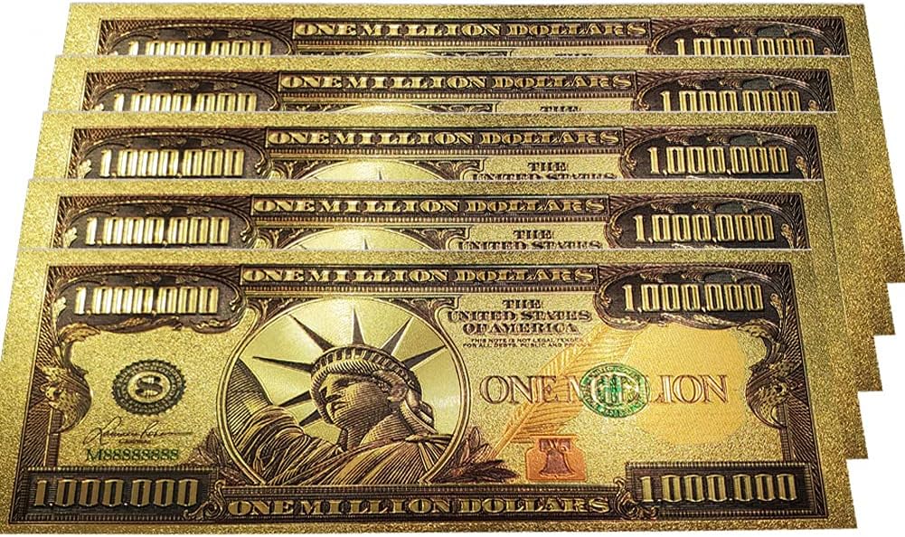 Gold Foil 1 Million Dollar Bill Bookmark, 5 Pack Colored Gold Banknote US Dollar Bill Note One Million 24k Gold Foil Banknotes Wonderful Craft for Collection.
