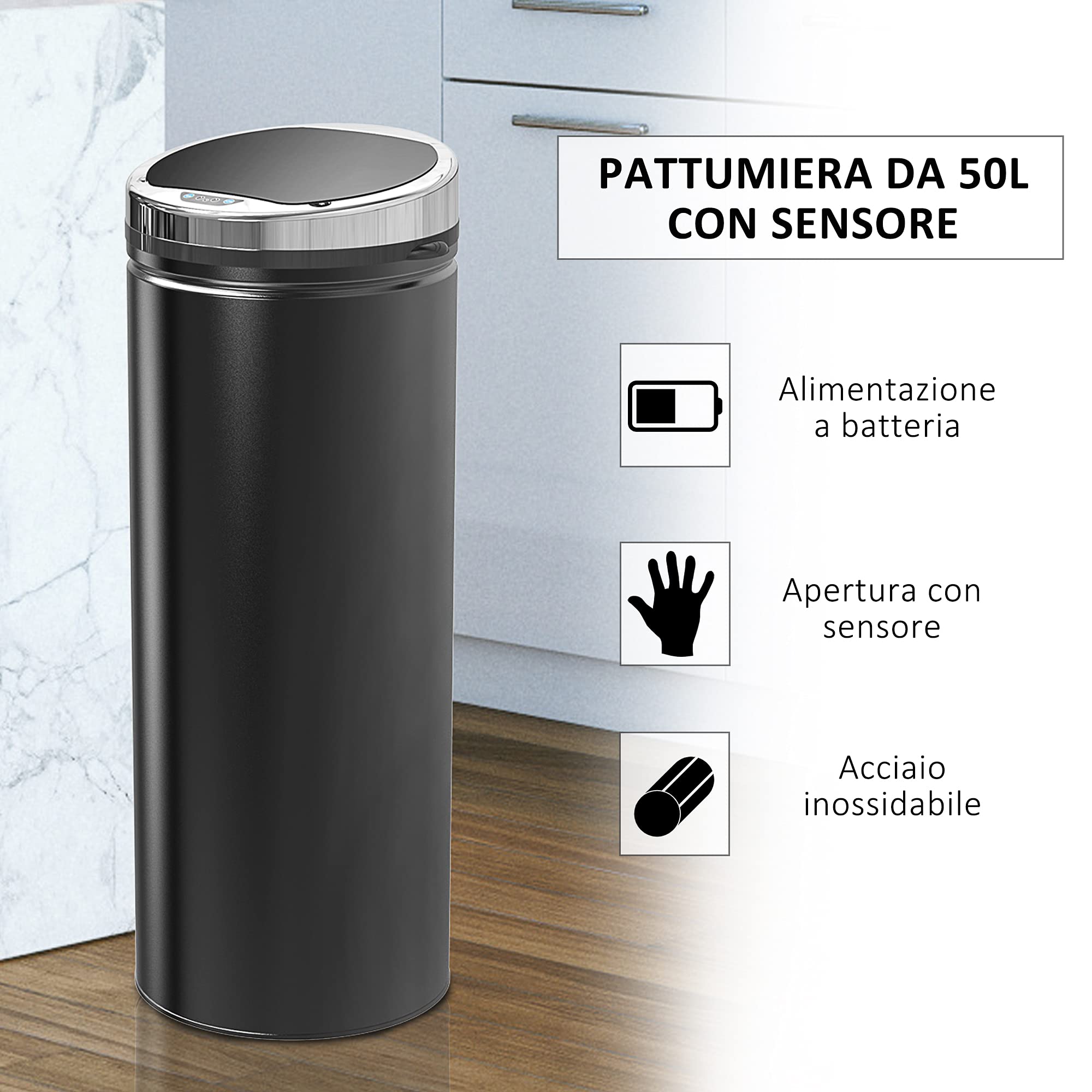 HOMCOM Pattumiera Automatica con Sensore a Infrarossi e Capacità 50L, Nero