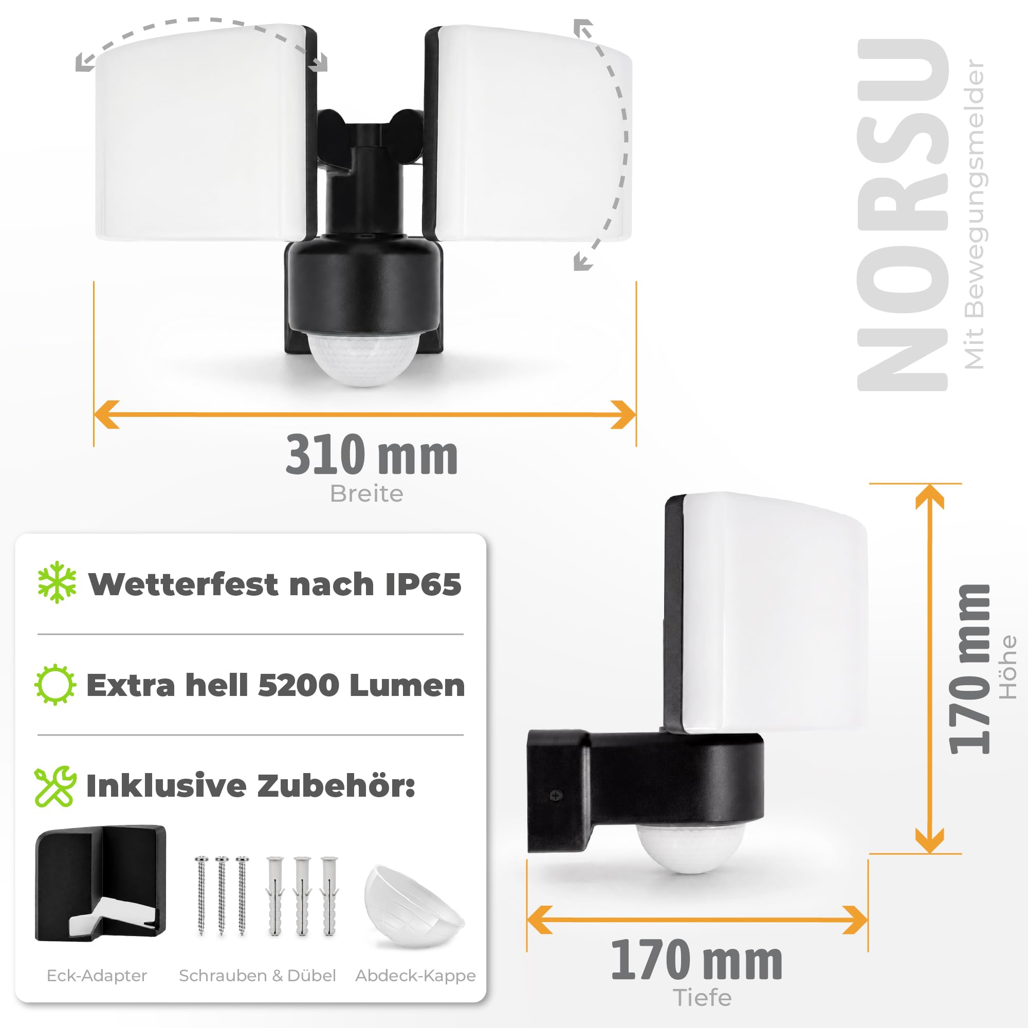 SSC-LUXon NORSU Außenlampe mit Bewegungsmelder & Lichtsensor 40W - LED Wand Außenleuchte 2 flammig schwenkbar IP65 4000K 230V