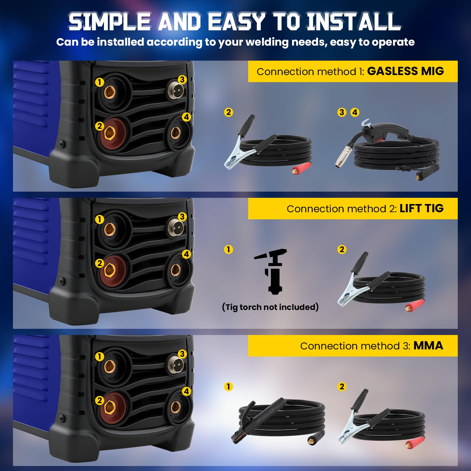 140A Saldatrice A Filo Continuo Senza Gas, 3 in 1 MIG/ARC/Lift TIG IGBT Inverter Saldatore con Smart Digital LED Dispaly di filo animato 0,8 mm per principianti e saldatori professionisti