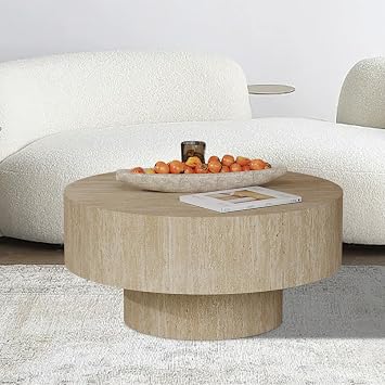 Round Coffee Table Travertine 30" for Living Room, Rustic Circle Center Table with Sturdy Pedestal, Contemporary Modern Tea Table for Apartment Farmhouse,Round