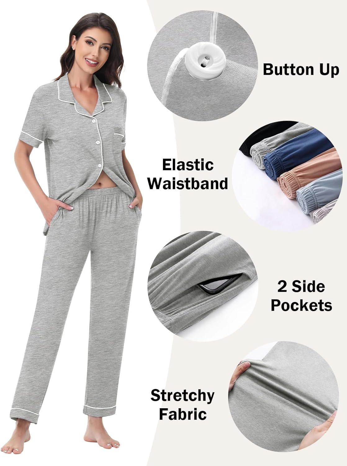 Womens Modal Pajama Set 2 Piece Soft Lounge Set Short Sleeve Button Up Pajama Comfy Pj Pants With Pockets S-3XL - Image 4