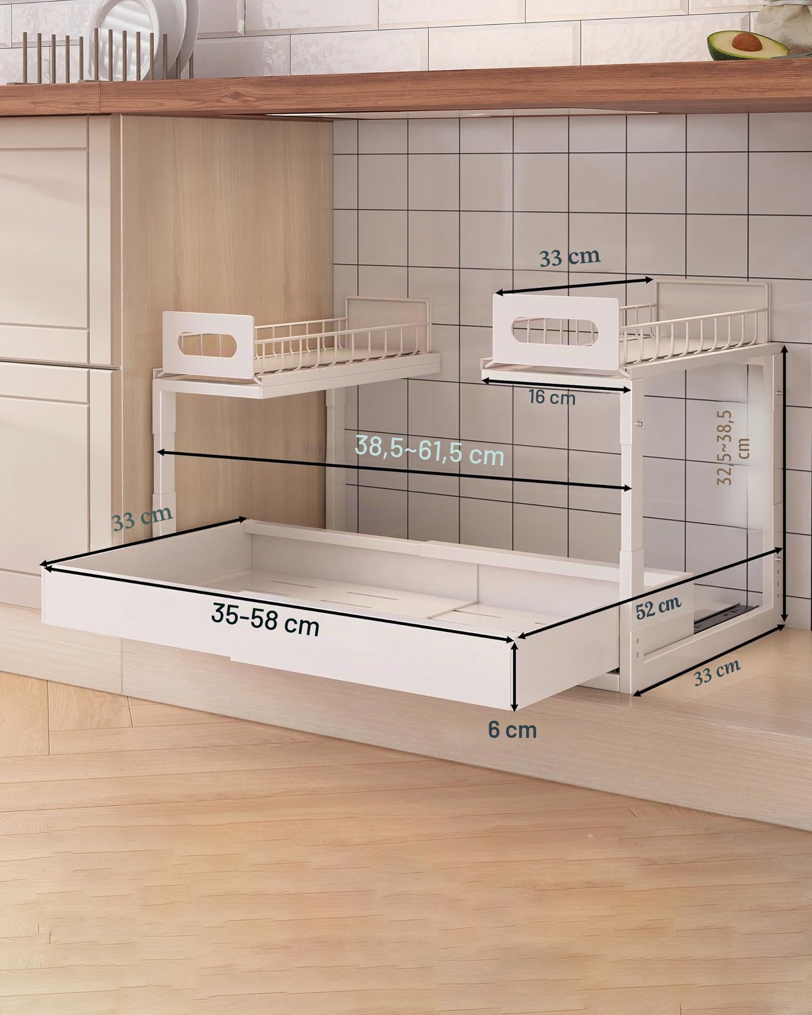 Rangement sous Évier en Métal, 2 Niveaux Tiroir Coulissant Cuisine pour Placard Meuble Cuisine Salle Bain, Réglable en Hauteur, Organiseur Extensible pour Évier, Largeur et Hauteur Réglables