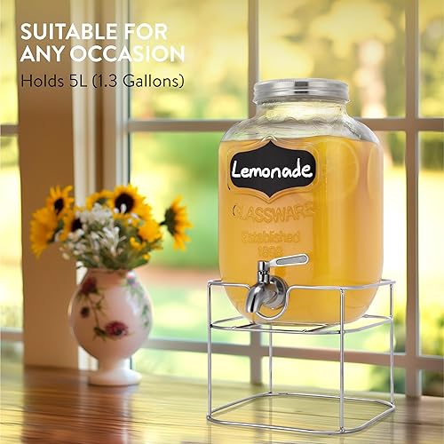 Miniatura 10 de Navaris Dispensador de bebidas con soporte de metal negro, recipiente de vidrio de 1.3 galones (5L) con grifo, dispensador de bebidas con sello de
