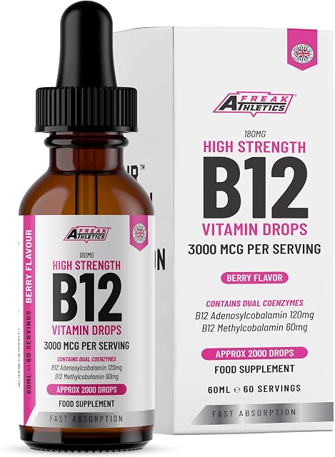 Vitamin B12 Liquid Drops - High Strength 3000mcg - 60ml Dropper Bottle - Vegan Friendly - Sublingual and Dual Action for Fast Absorption