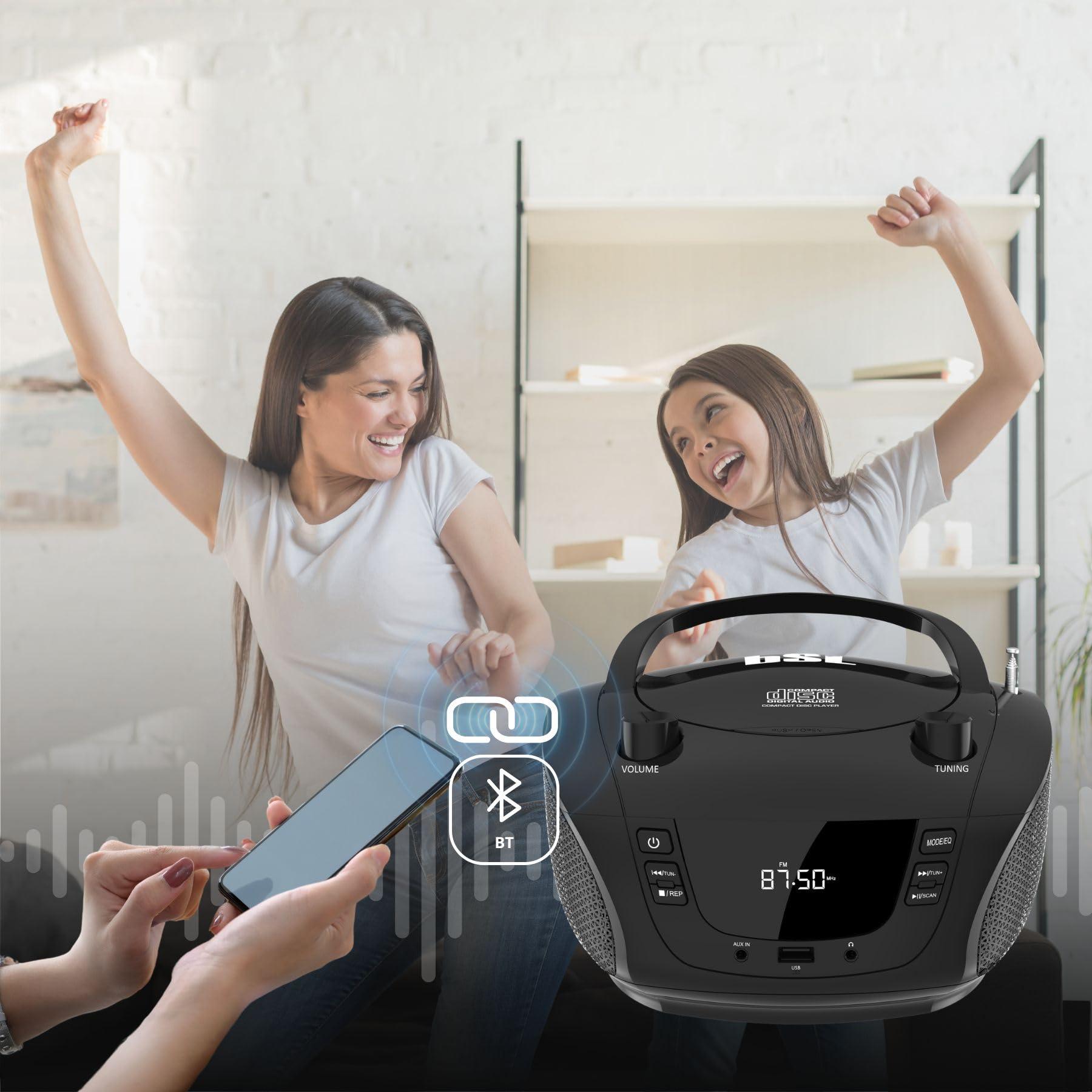 Boombox Tragbares CD-Radio mit Bluetooth BSL JL-2031A, mit 4 W RMS-Leistung, FM-Radio und USB-Anschluss, kompatibel mit MP3-Dateien, LCD-Display, AUX-Eingang und Kopfhörerausgang
