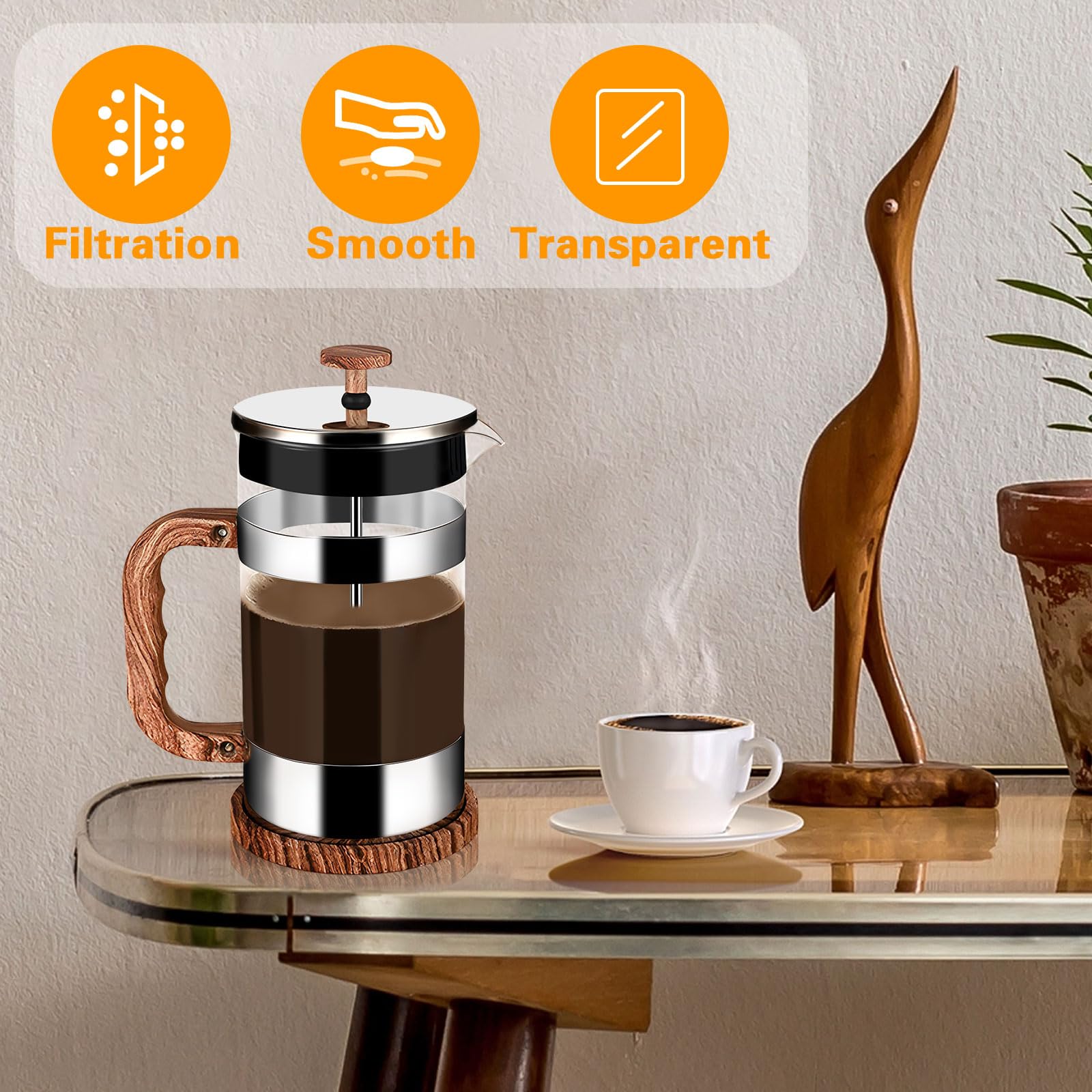 Cafetière à Piston, 1000ML Français Presse Café en Verre, Cafetière à Presse Française, Verre Résistant à La Chaleur Avec Boîtier en Acier Inoxydable et Filtrants Faciles à Nettoyer