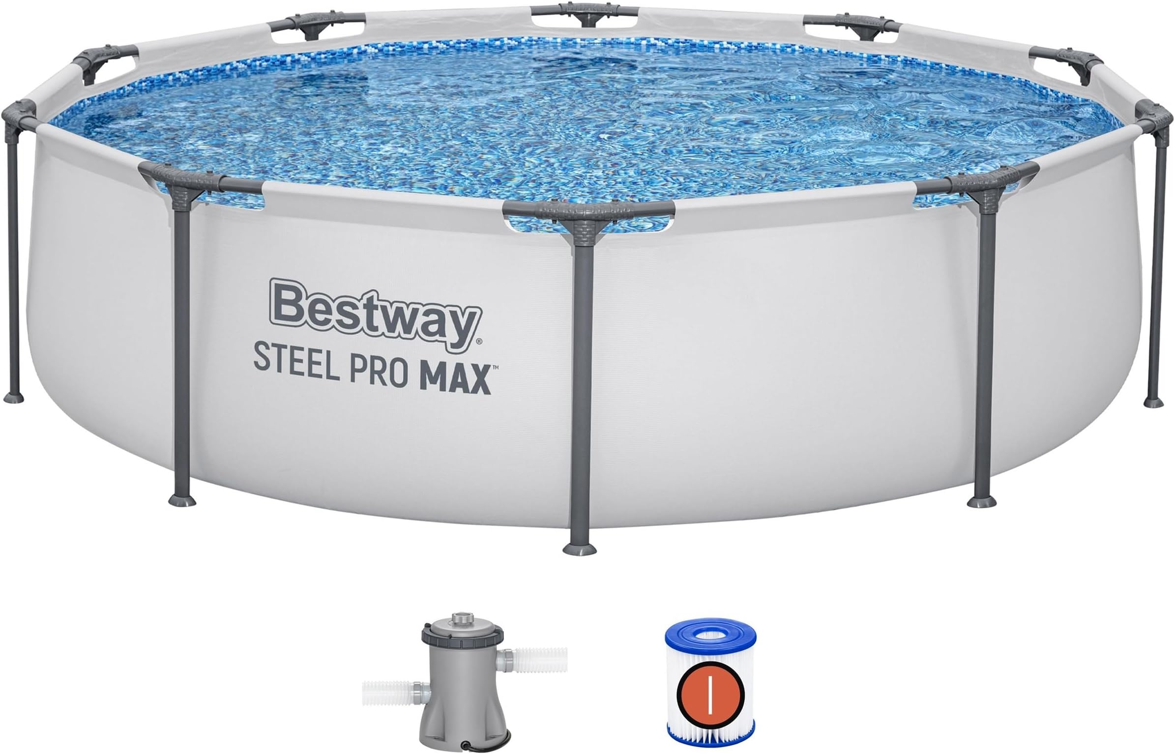 Bestway Steel Pro Max | Round Frame Swimming Pool with Filter Pump, Above Ground Frame Pools, Grey, 10’