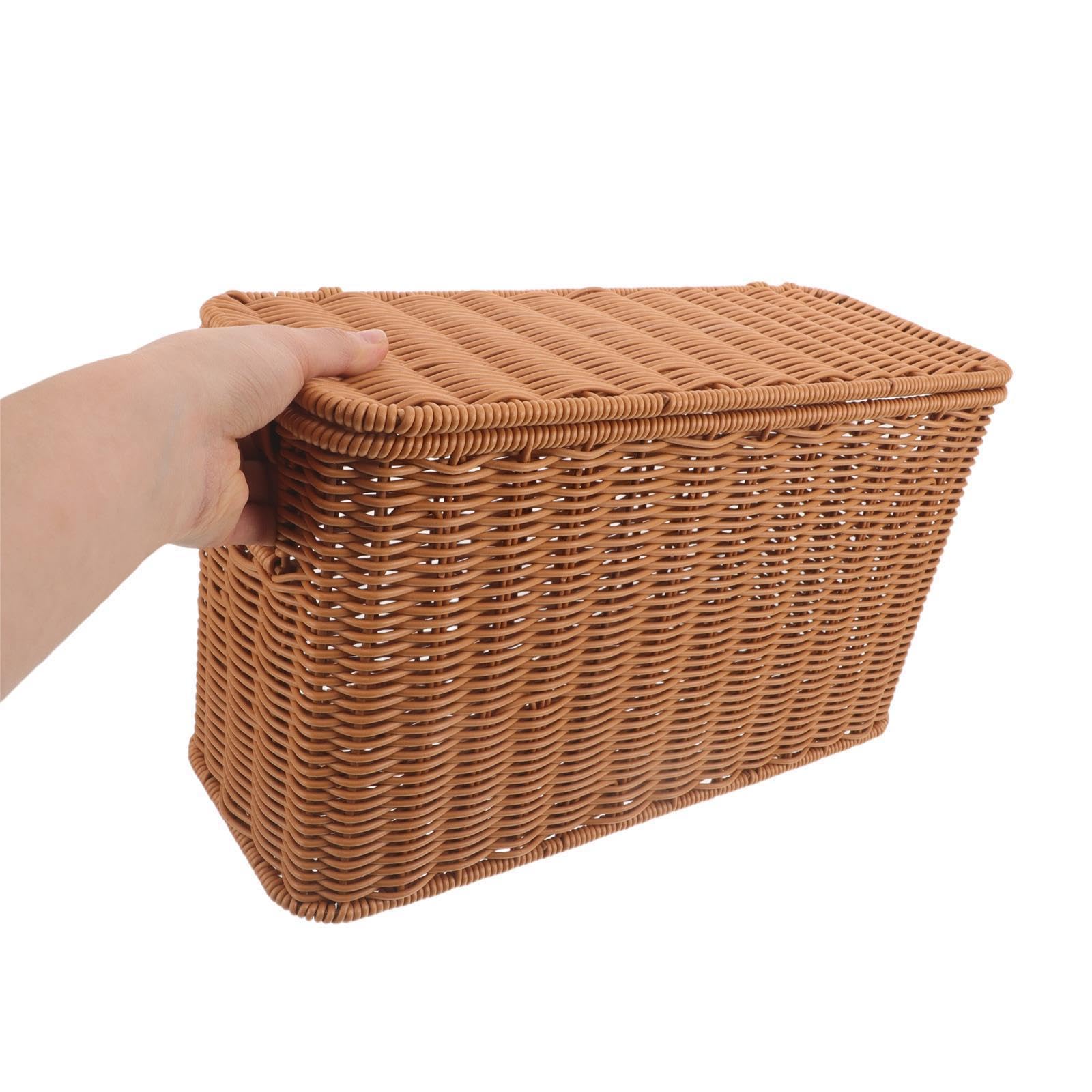 Mobestech Panier de Rangement Design et Gain de Place Étroit et Haut en Imitation Rotin avec Couvercle et Anse pour Magazines et Documents Salon ou Bureau