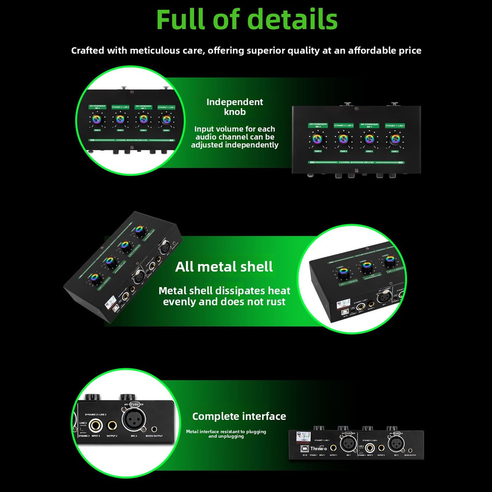 Asixxsix Alimentation Fantôme 2 Canaux 48 V, 4 Entrées Max 40 DB, Préampli de Microphone à Condensateur Dynamique avec Câble Audio 3,5 Mm 6,35 Mm pour D'enregistrement de Musique