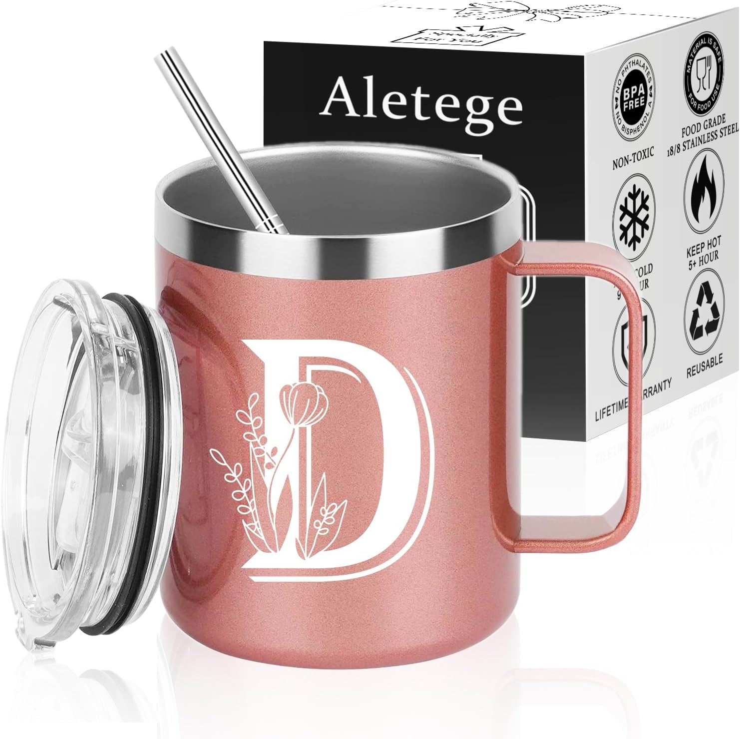 Letter D Insulated Coffee Mug with Lid and Handle, Personalized Initial Mugs for Wo...