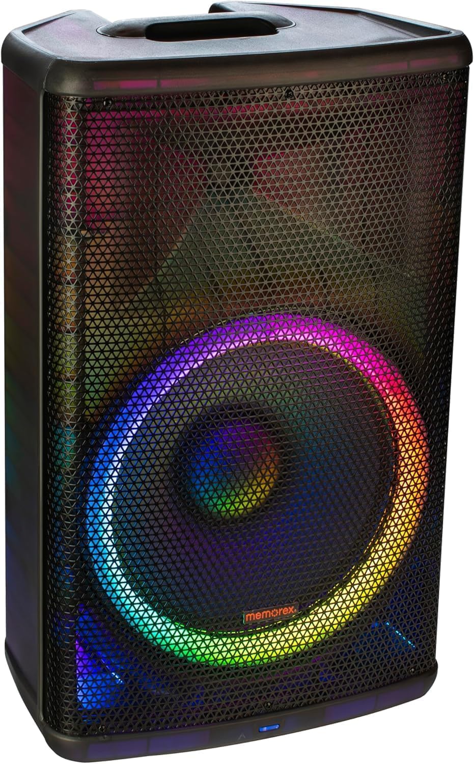 Memorex MX-PS1501 | 15-Inch PA Speaker with Translucent Cabinet | 1800W PMPO, Bluetooth 5.3, TWS Pairing | LED Lighting, 180W RMS Bi-Amp | Speaker Stand & Wired Microphone