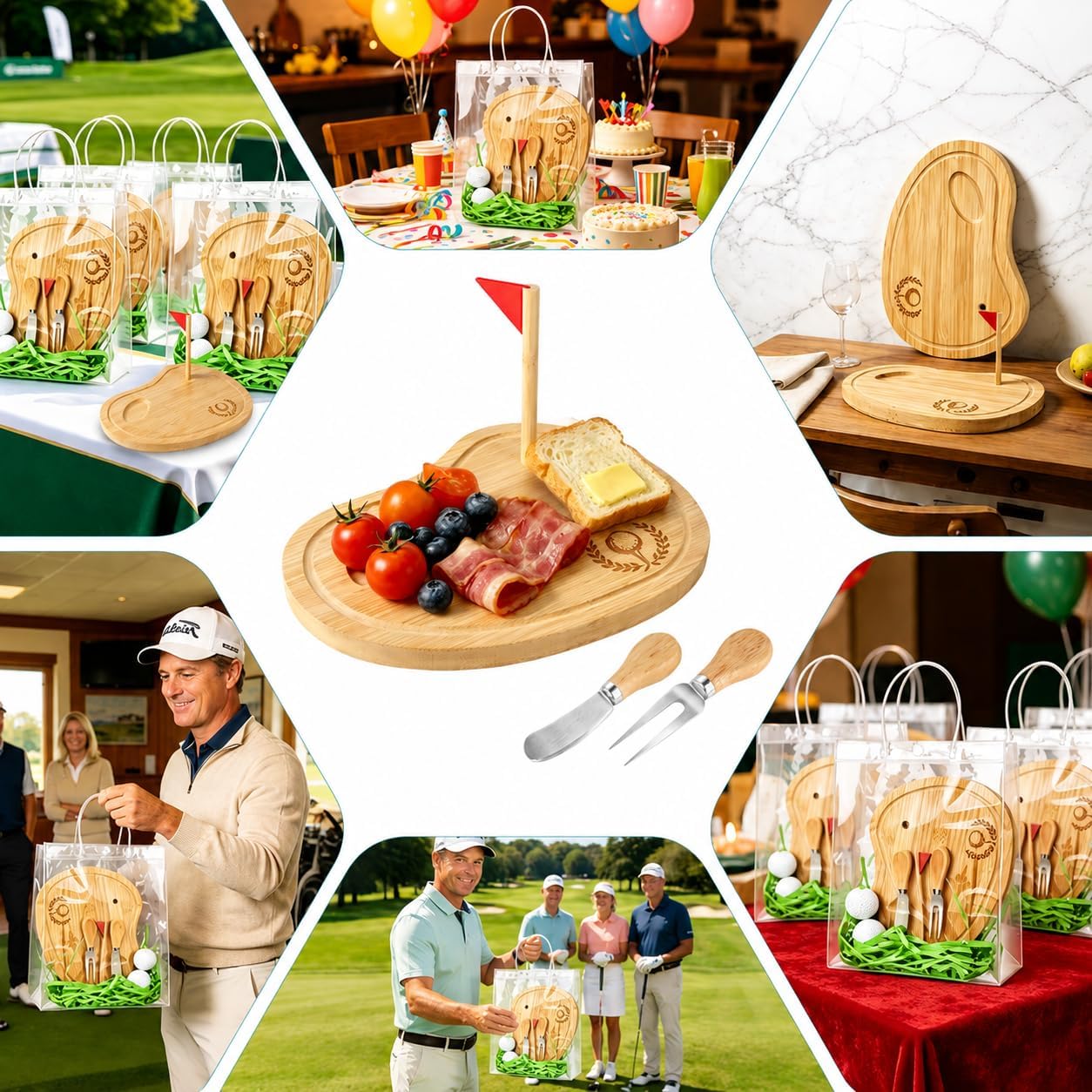 Golf Cheese Board Gift Set, 4 Sets Bamboo Golf Charcuterie Board with Cheese Knives and Gift Bags, Golf Cutting Board with Laser Engraved Golf Ball Design for Tournament Prizes, Golf Party Favors