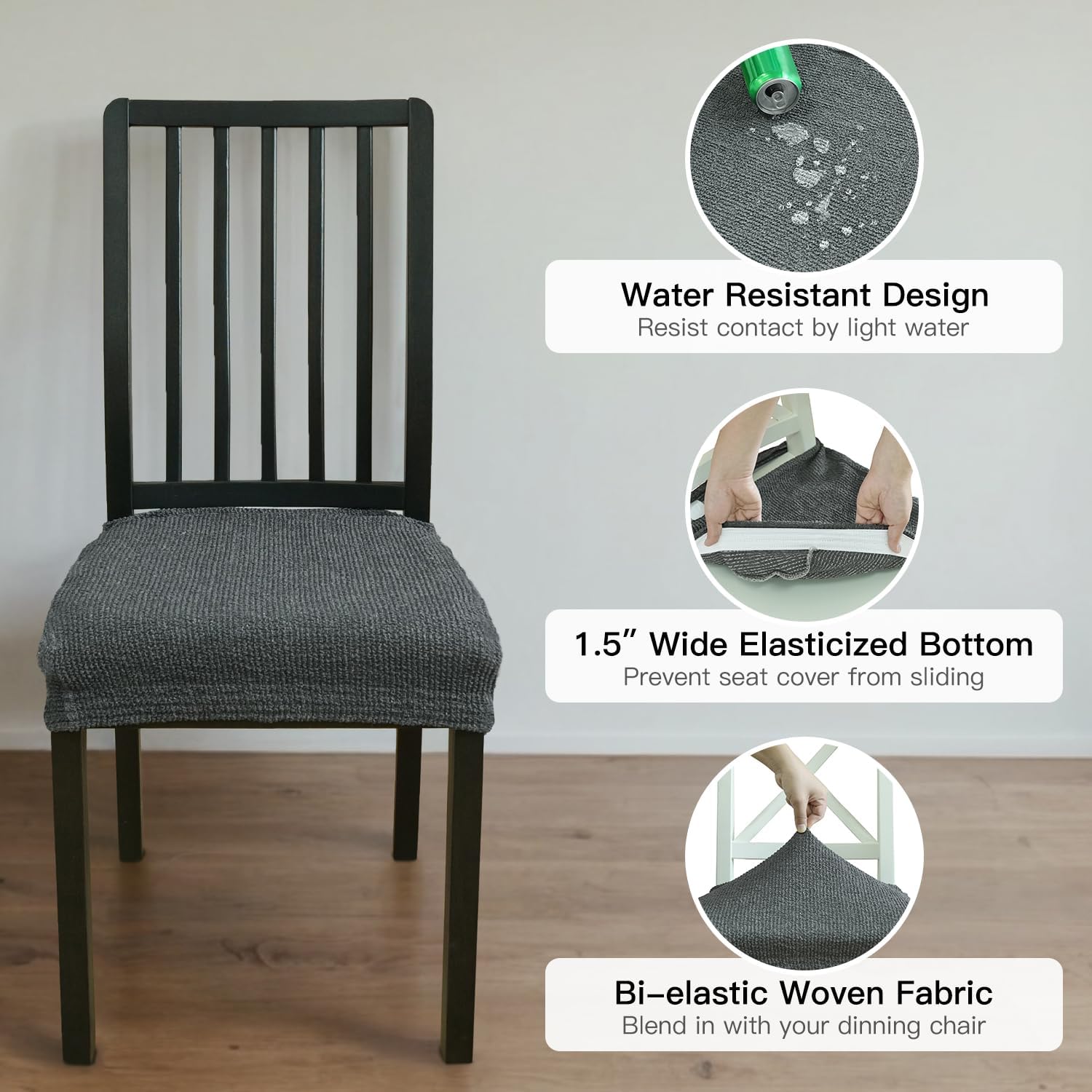 Elastic Dining Chair Seat Covers (Dark Gray, Set of 2), Durable Linen-Blend Slipcovers with Textured Feel, Waterproof & Breathable Stretch Protectors for Kitchen or Dining Chairs