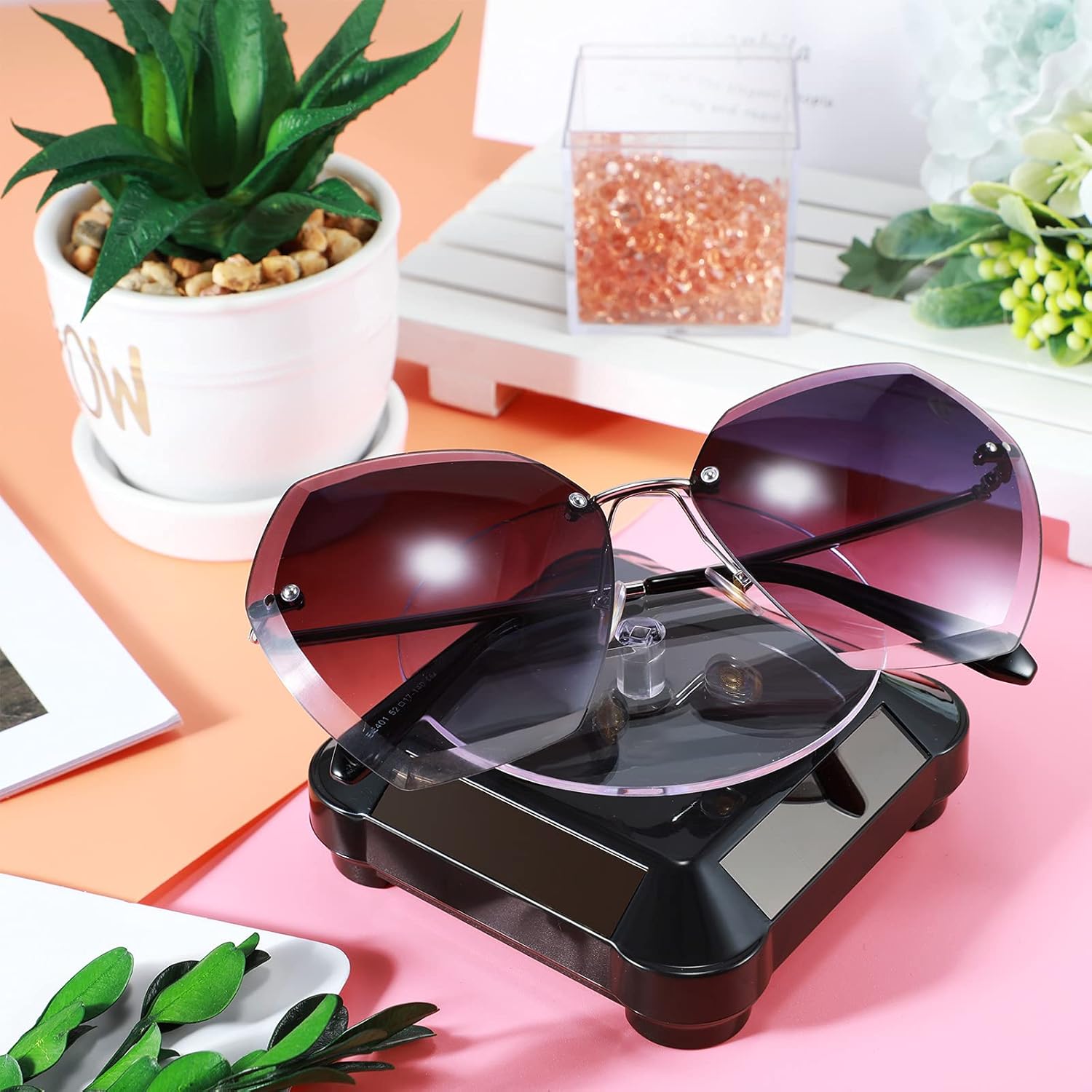 Xuhal 8 Pcs Solar Rotating Stand Turntable Battery Powered Double Use Solar Display Stand Jewelry Spinner 360 Degrees Solar Showcase Base Watch Hobby Collection Shelf for Table (Black)