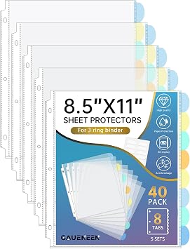 40 Pcs Clear Sheet Protectors with Tabs for 3 Ring Binder, Binder Dividers with 8 Tabs, Clear Plastic Notebook Page Dividers with Pockets, 5 Sets