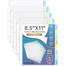 40 Pcs Clear Sheet Protectors with Tabs for 3 Ring Binder, Binder Dividers with 8 Tabs, Clear Plastic Notebook Page Dividers with Pockets, 5 Sets