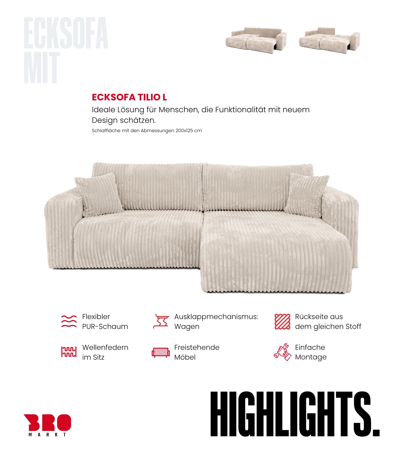 BROMARKT Ecksofa mit Schlaffunktion und Bettkasten 125x200cm L Crème | Schlafsofa mit Stauraum und Kissen Eckcouch Sofa für Wohnzimmer Wohnlandschaft 3 Sitzer Universell freistehend Couch TILIO