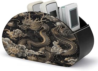Chinese Dragon PU Leather Remote Control Holder with 5 Compartments | TV Remote Caddy Box for Bedside Office , Table Desk Storage Organizer for Media Player, DVD, Blu-Ray, Heater Controllers