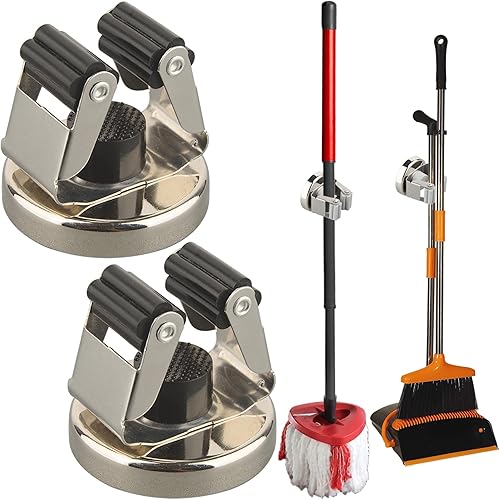 Vista 14 de MUTUACTOR Soporte magnético para escobas, 4 soportes antideslizantes para escobas de almacenamiento con agarres de goma, soporte magnético