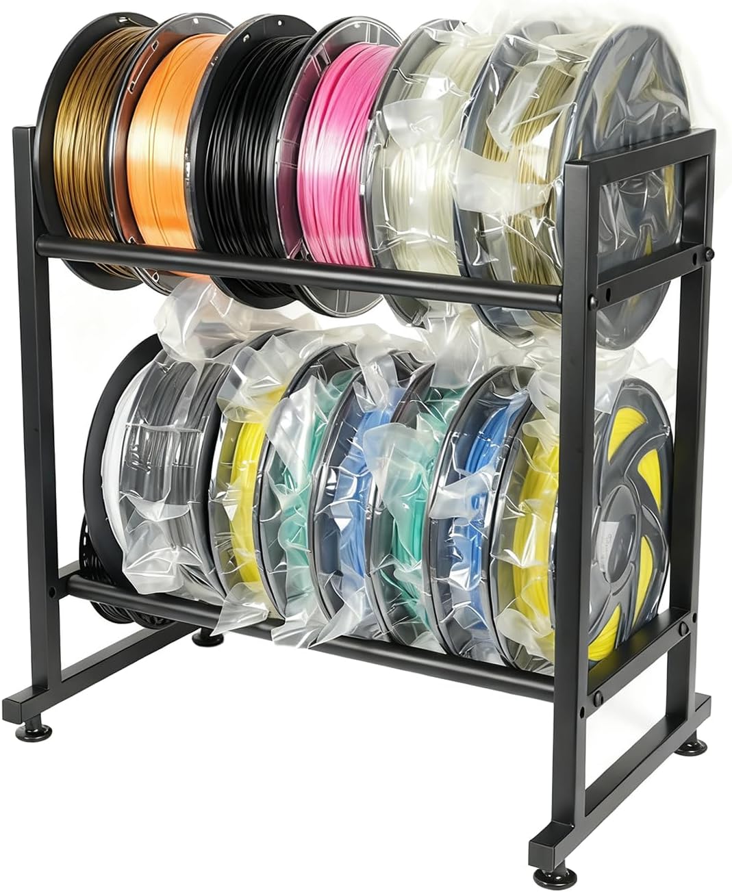MengQi 3D Printer Filament Spool Holder Desktop Storage Rack, 2 Tiers Metal Filament Spool Holder Racks Organizer for PLA/ABS/TPU, Fits 12 Rolls for 3D Printing Workstation, Office,Workshop