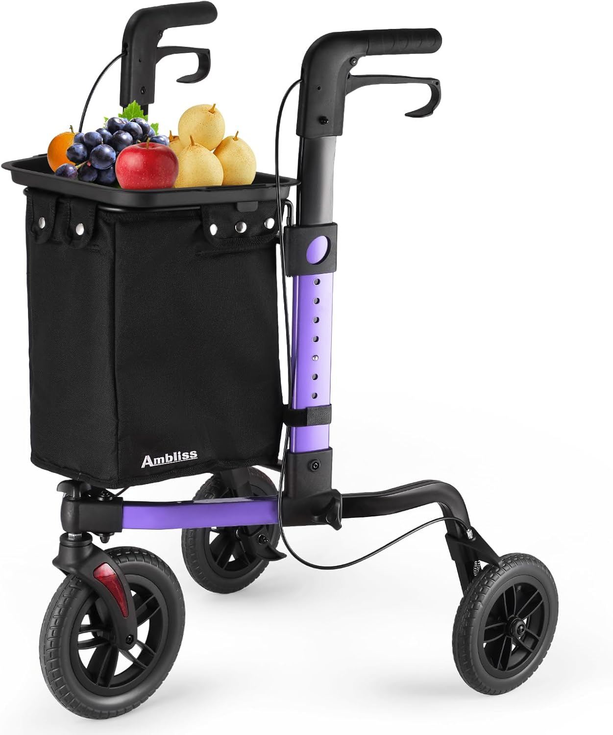 Ambliss 3-Wheel Rollator Walker for Seniors, 300lb Capacity, 10" All-Terrain Wheels, Lightweight Foldable Walker with Large Basket & Removable Tray, Height Adjustable Purple Mobility Aid (Purple)