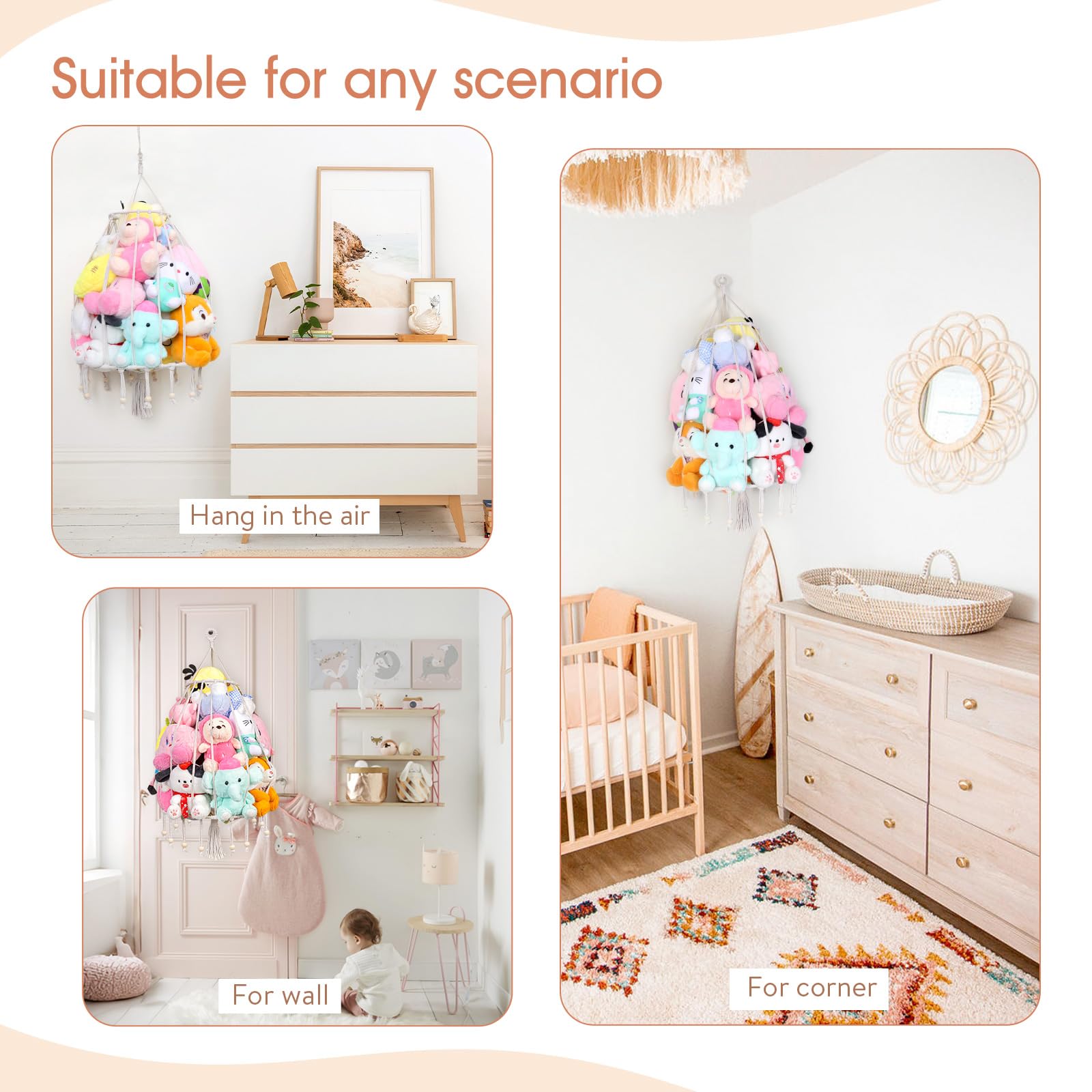 POVETIRE Stuffed Animal Hammock Wall Hanging Net Over Door Organizer for Stuffed Animal Storage Boho Macrame Toy Display Nursery Bedroom Decor Toy Storage Organizer