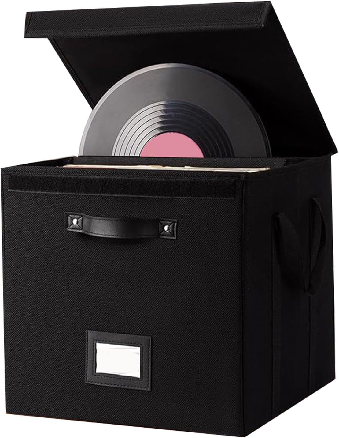 Record Storage Box, Large Capacity Collapsible Album Organizer for Records CDs Books, with Foldable Design, for Home Office Car (Black)