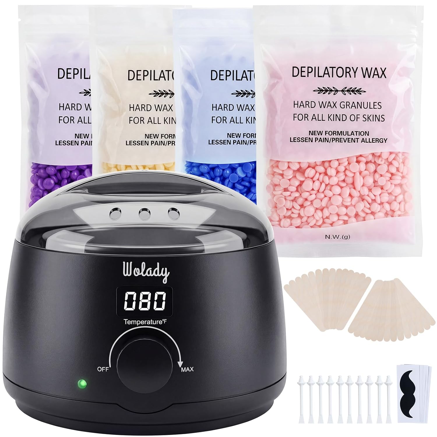 Waxing Kit for Women men,Fast-Melting Digital Wax Warmer for Face Hair Removal,4 Bags Hard Wax Beads & 45 Sticks,At-Home Waxing Kit for Bikini,Brazilian,Eyebrows,Leg,Full Body