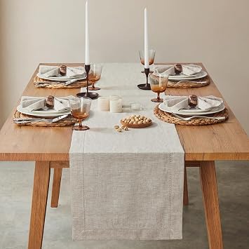 KINGSTONE 100% Pure French Linen Table Runner 120 Inches Long, Natural Hemstitch Tablecloth with Mitered Corners, Crease-Free Scroll Packaging, 14x120 for Easter, Mother's Day, Farmhouse Decor
