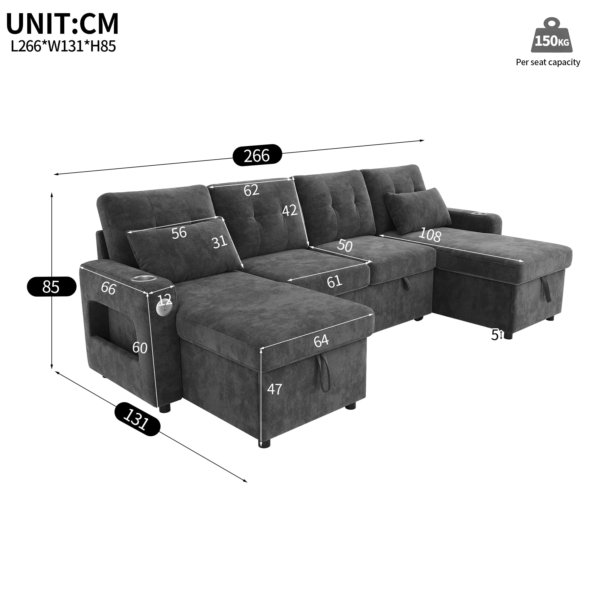 Sapgaks Canapé d'angle Convertible Moderne en U avec LED,Port de Chargement USB,Porte-gobelet,Poches latérales,Espace de Rangement,canapé lit,canapé Convertible 4 Places,Chenille (B-Gris)
