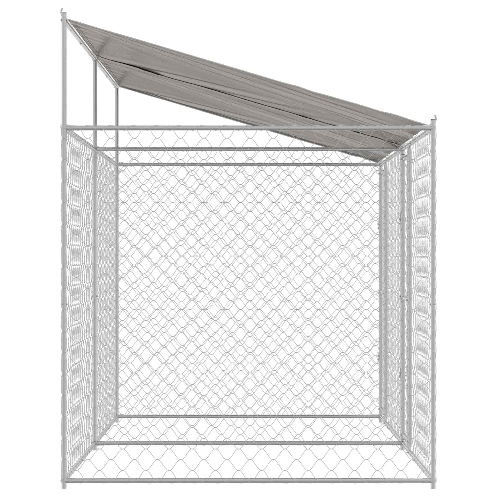 Klatka dla psa z dachem, srebrna, 400 x 200 x 256 cm, stal i PE, odporna na warunki atmosferyczne, wybieg dla psa z elementami kratowymi, do ogrodu i na zewnątrz, zamykane drzwi, przestronny
