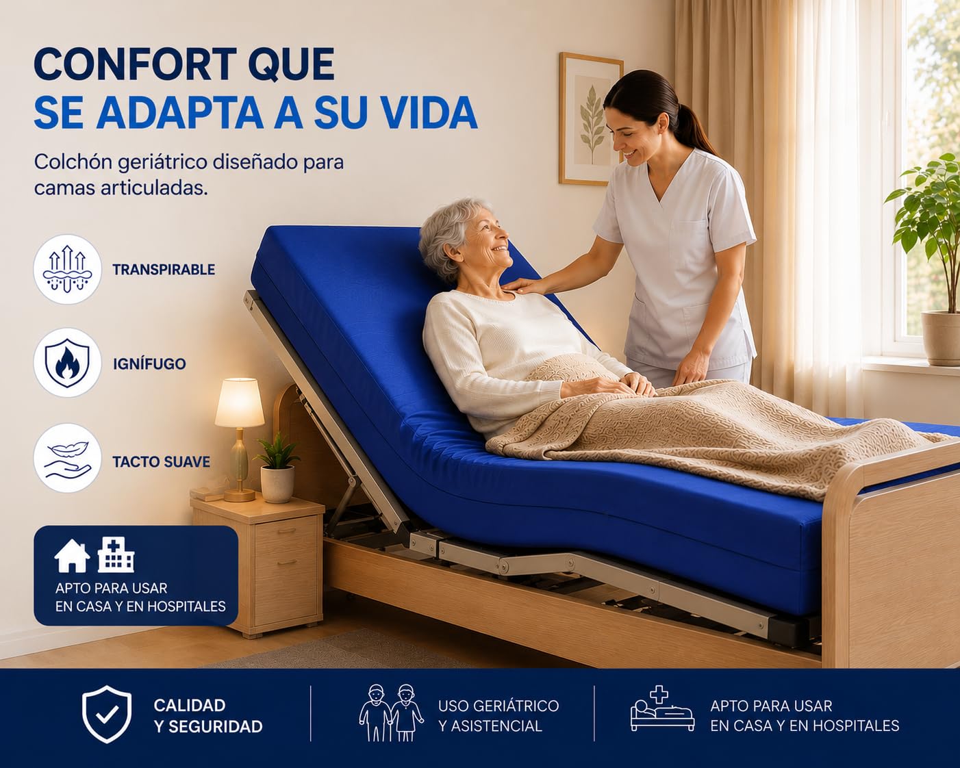 MATTREX | Colchón Geriatrico Viscoelástico 90x190 Sanitario ignífugo Funda Impermeable Cama articulada – Colchón viscoelástico 11 cm Grosor + 4 cm visco, HR ergonómico y Funda Lavable