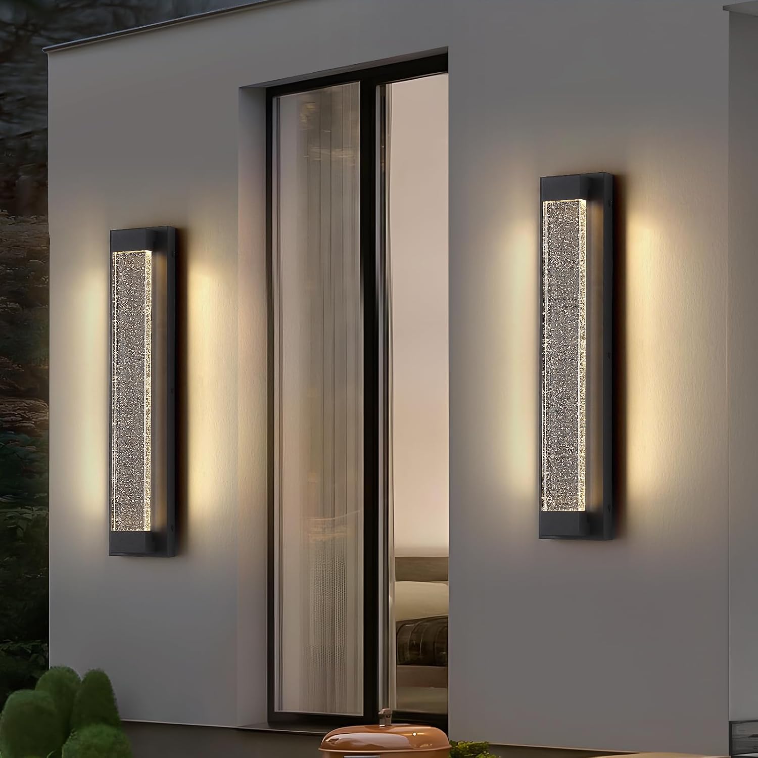 2 Pack Black Long Exterior Wall Lights, 23.6inch Bubble Crystal Outdoor Wall Sconce, 3000K Warm White, IP65 Waterproof, Minimalist LED Outside Garage Lighting for House, Fence, Balcony, Patio