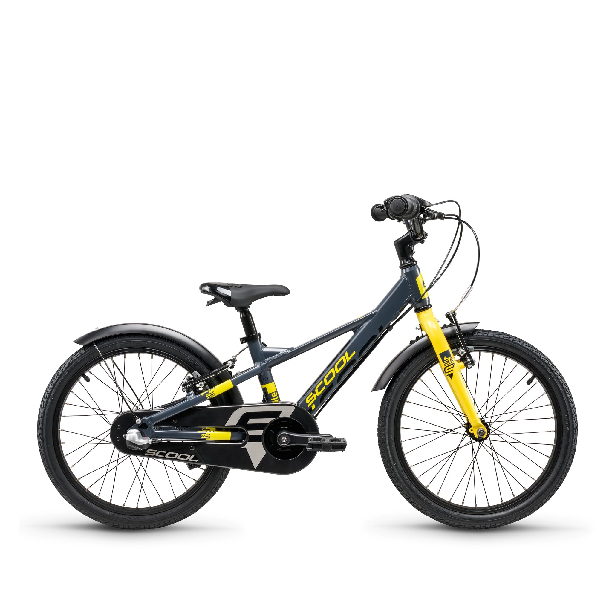S'COOL XXlite EVO 18 Zoll Kinderfahrrad ab 5 Jahre - leicht, sportlich und sicher mit 3-Gang Nabenschaltung & V-Brakes - in Dunkelgrau/Gelb