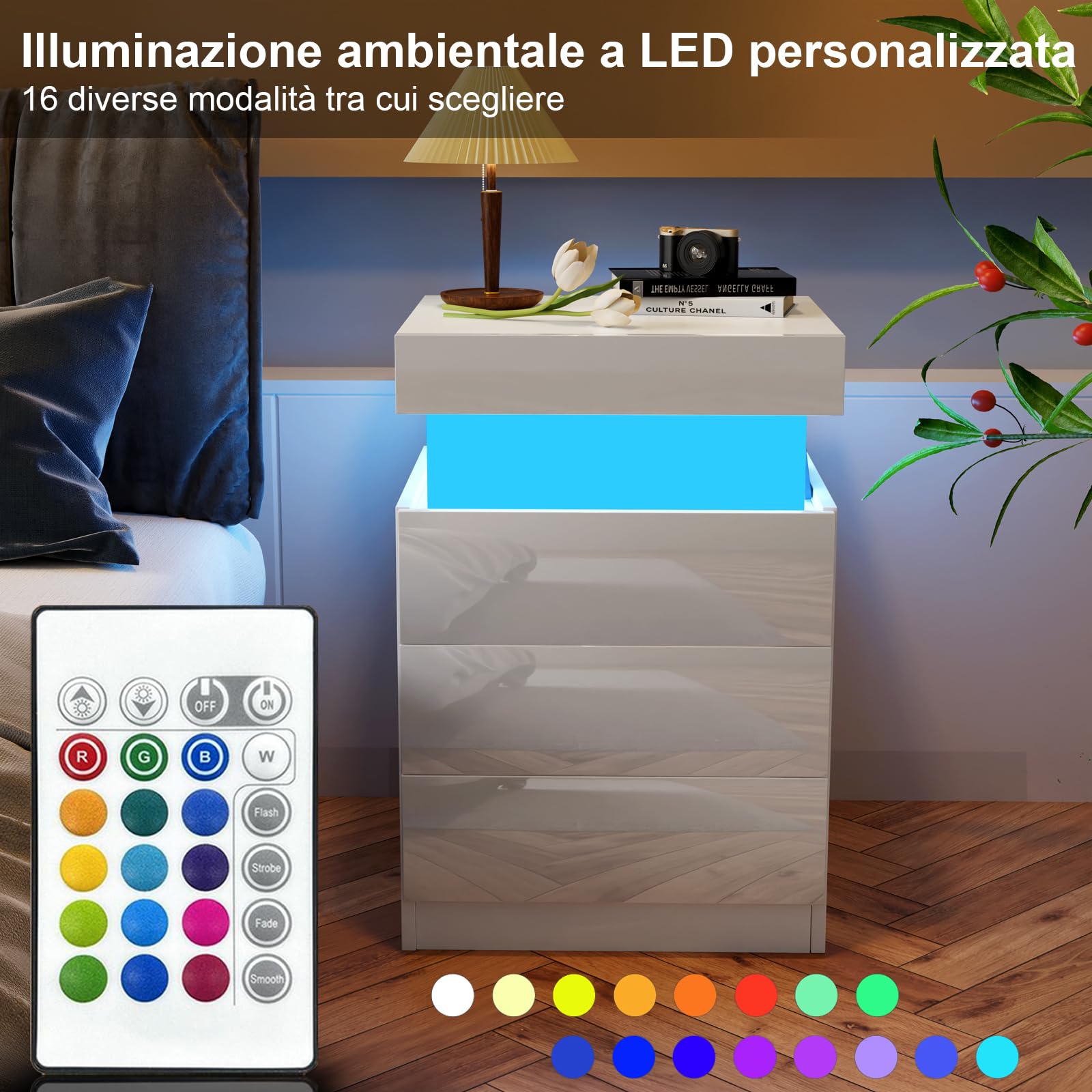 Comodino Camera da Letto con LED, Comodini con Stazione di Ricarica, 2 Prese AC 2 Porte USB, 3 Cassetti e Armadietti Scorrevoli Nascosti, Per Arredamento Camera da Letto. (Bianco, 67x40x45 cm)