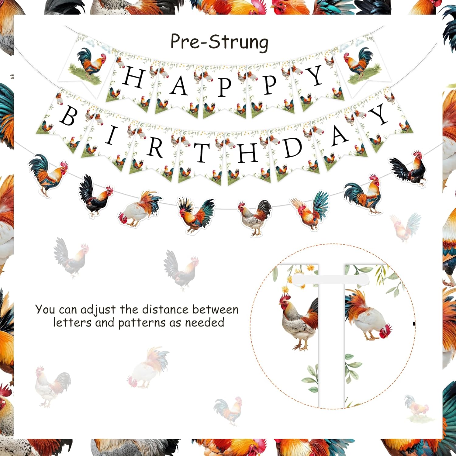 Rooster Happy Birthday Banners - Rooster Birthday Party Decorations for Boys Girls, Pre-strung Chicken Farm Animal Chick Barnyard Theme Party Supplies