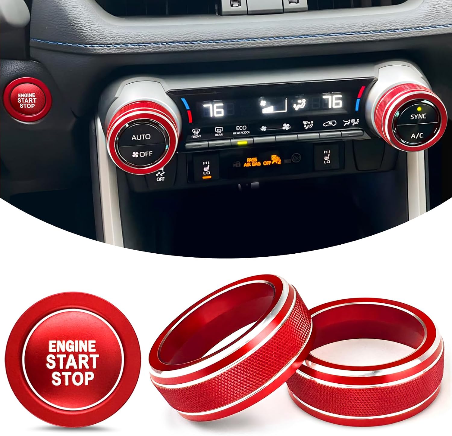 For Toyota RAV4 2019-2025 Accessories, Auto AC Climate Control Knob Covers,Push Start Button Covers for RAV4 Interior,Aluminum Alloy,4Pcs/Kit (Red)