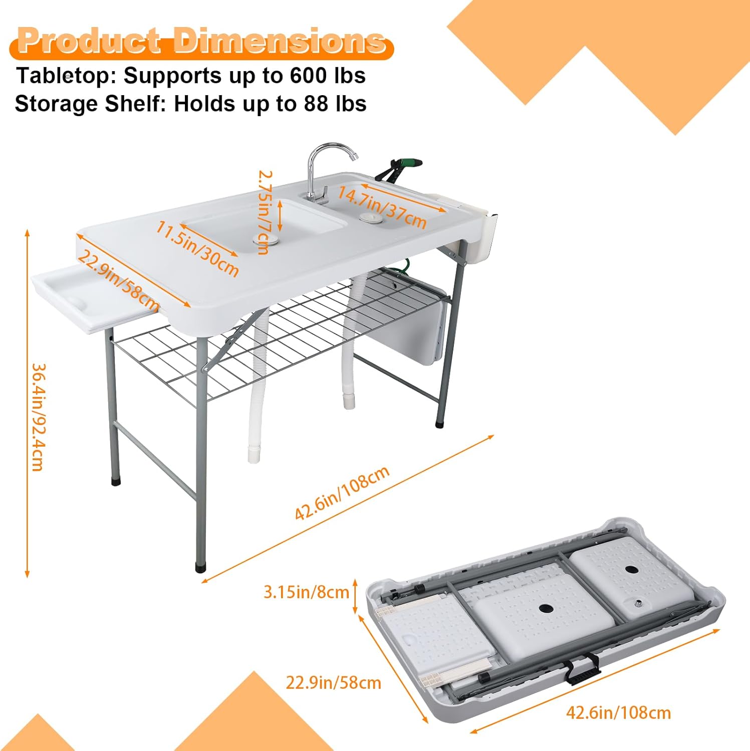 Fish Cleaning Table with 2 Sinks & Grid Rack - 42.5” Outdoor Fish Fillet Cleaning Station for Camping, Patio, Kitchen, RV & Beach