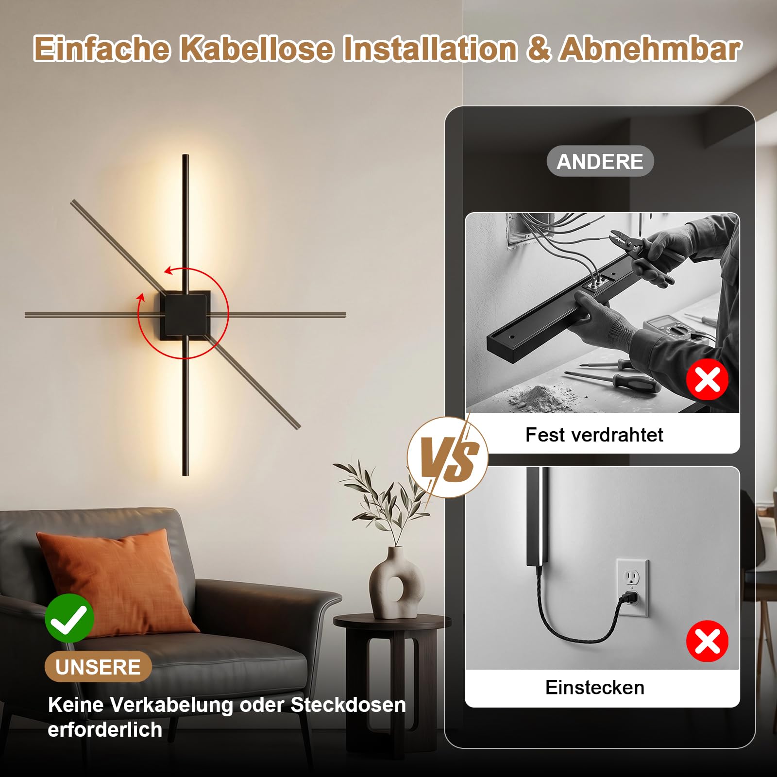 ERWEY Lot de 2 Applique Murale Intérieure, Lampe Murale Sans Fil Noir, Lampe Murale Chambre avec Télécommande, 3 Températures de Couleur & Dimmable, pour Chambre, Salon