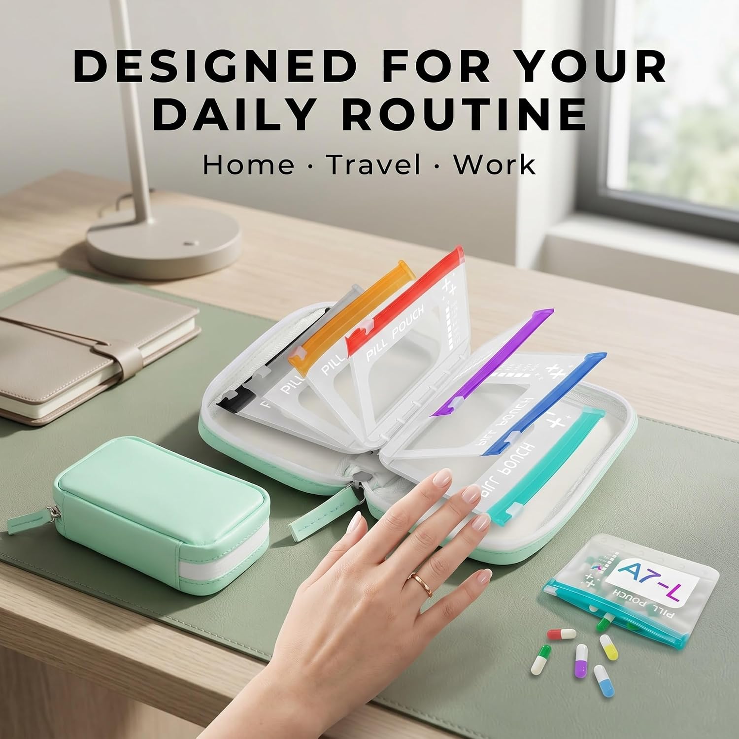 Pill Pouch Organizer Binder A7 Waterproof Travel Weekly Pill Organizers with 14 PCS L Size Zippered Pouches Large Purse Medicine Box Pouch Bag Reusable Pocket Pharmacy with Color-Coded Labels(Green)