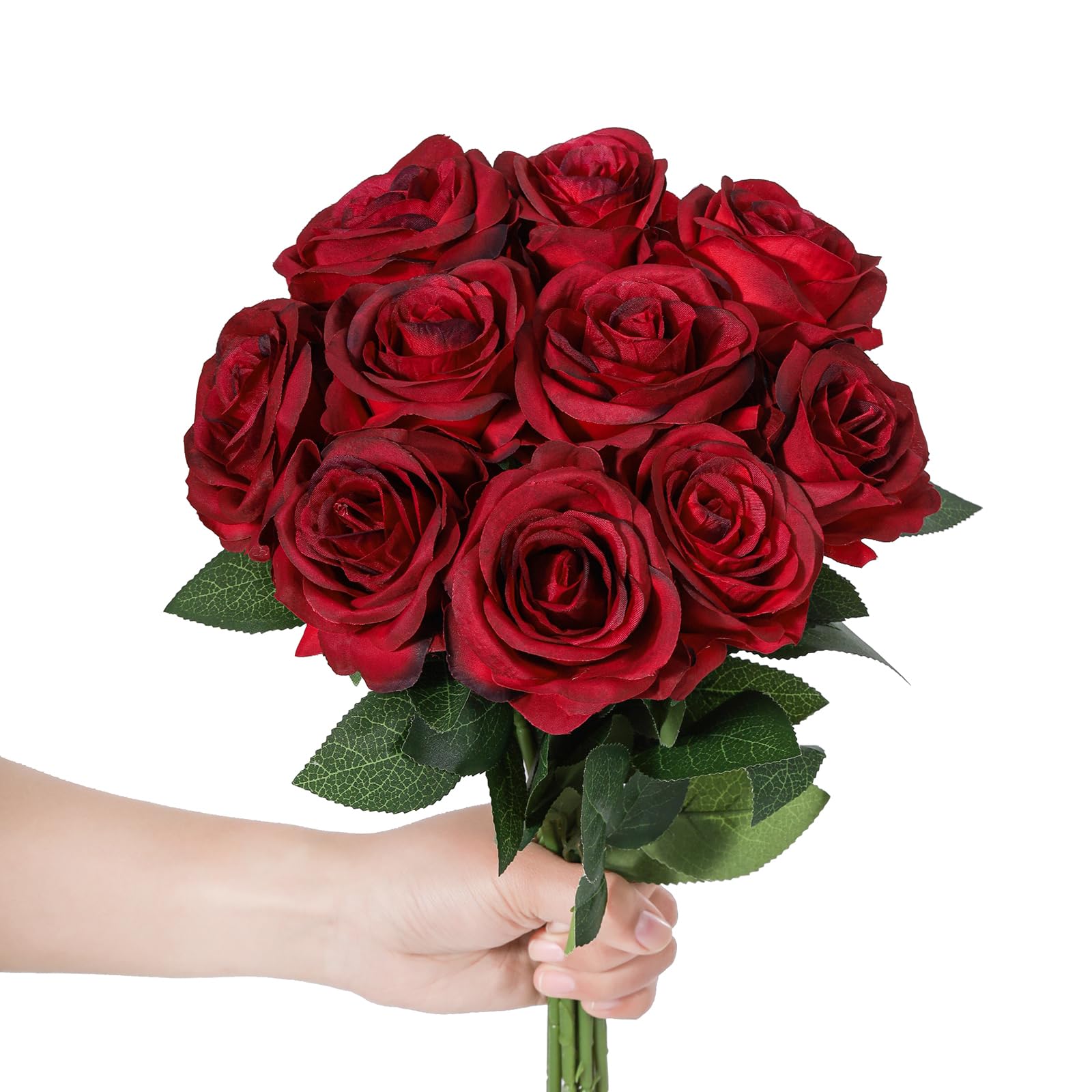 LEUCHTAMOR 10Pcs Artificial Roses Fake Silk Flowers Burgundy Realistic Bouquet for DIY Craft Flowers for Wedding Bridal Bouquets Arrangements Party Home Decorations