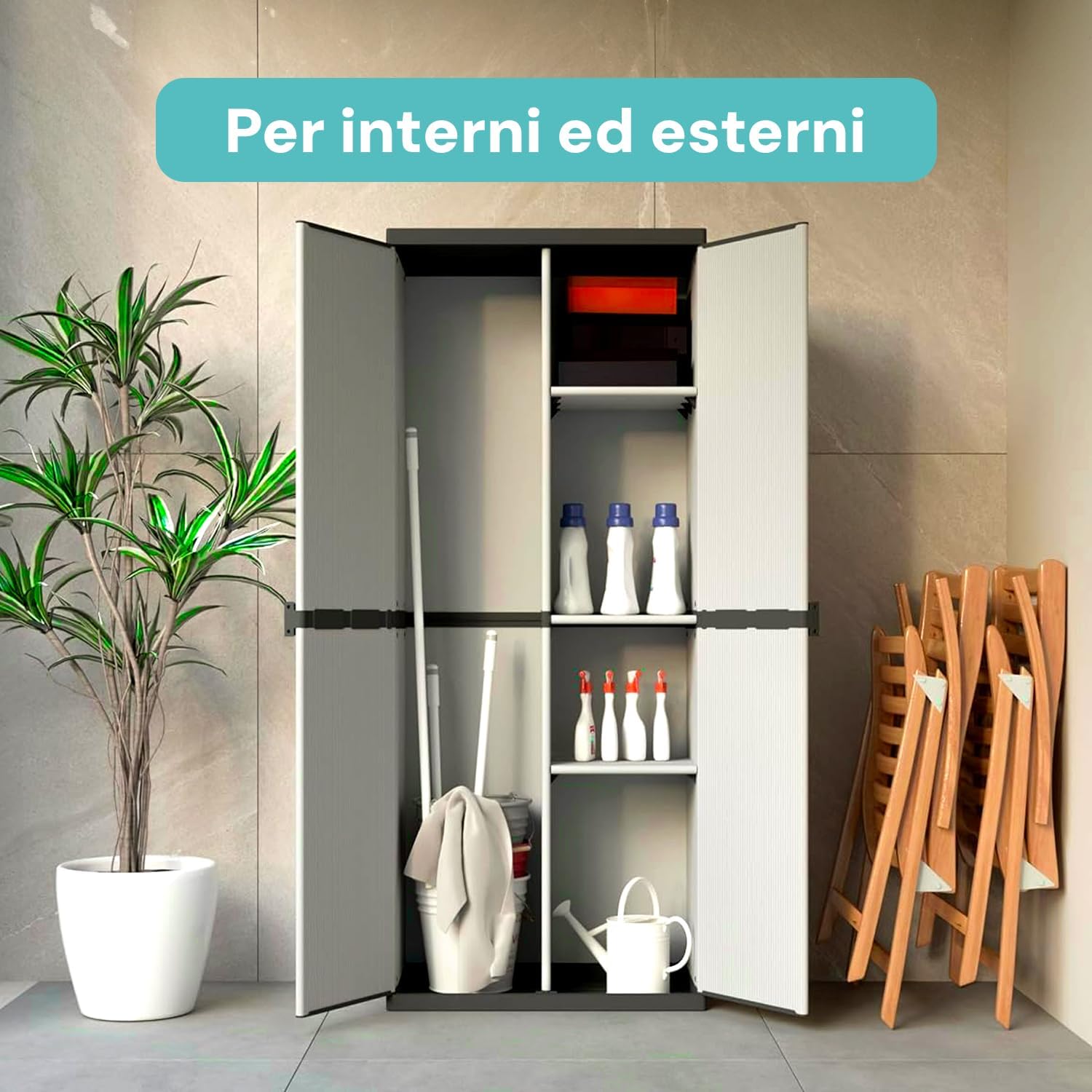 Avilia Armadio da Esterno Impermeabile - Armadio 2 Ante in PVC con 3 Ripiani Regolabili – Armadio Portascope Resistente alle Intemperie e ai Raggi UV - 68x39.5x168cm, Made in Italy