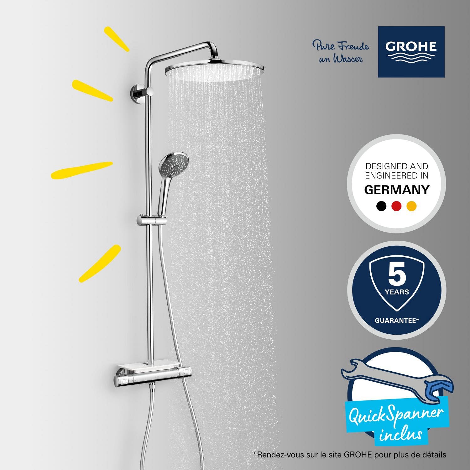GROHE Colonne de douche avec mitigeur thermostatique Vitalio System 310, tablette incluse, tête de douche 310mm, barre orientable, douchette Vitalio Joy 310 3 jets, chromé, 26401001 (Import Allemagne)