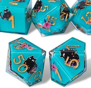 DND Dice Set 7Pcs,Cute Cat&Flowers Style Polyhedron Resin Dice for D&D RPG | Polyhedral Sharp Edge Resin Dice With Cute Cat Design for D&D RPG MTG Tabletop Collectors Gift