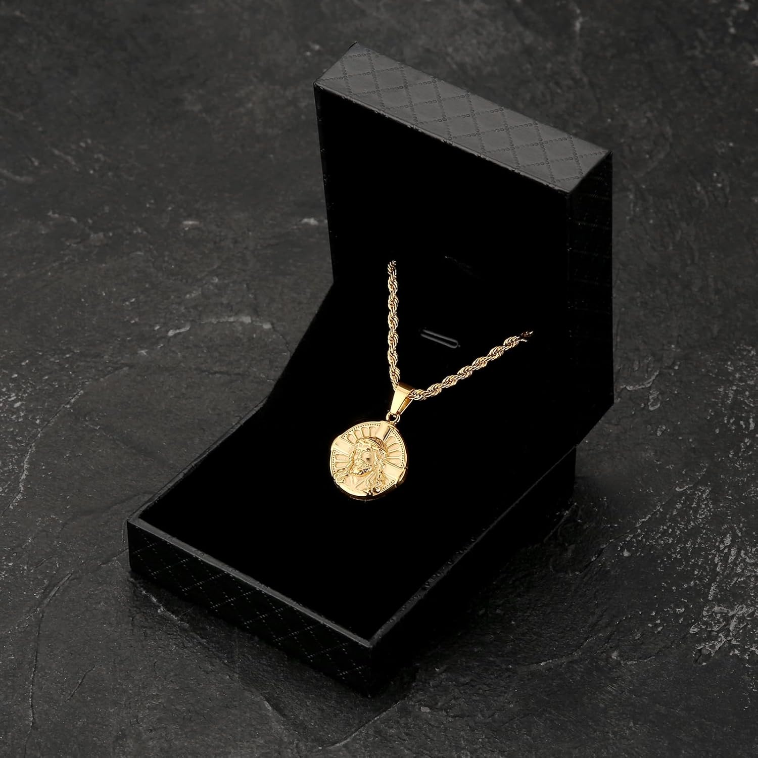 KRKC&CO Gold Jesus Pendant Medallion Necklace Men, Cross/St Christopher Circle Coin Vintage, Birthday Gift for Him Husband, 2.5mm, 22in